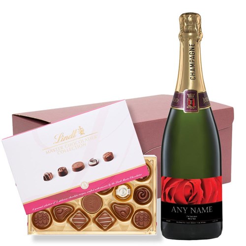 Personalised Champagne - Red Rose Label and Lindt Master Chocolatier Hamper – Premium Gift